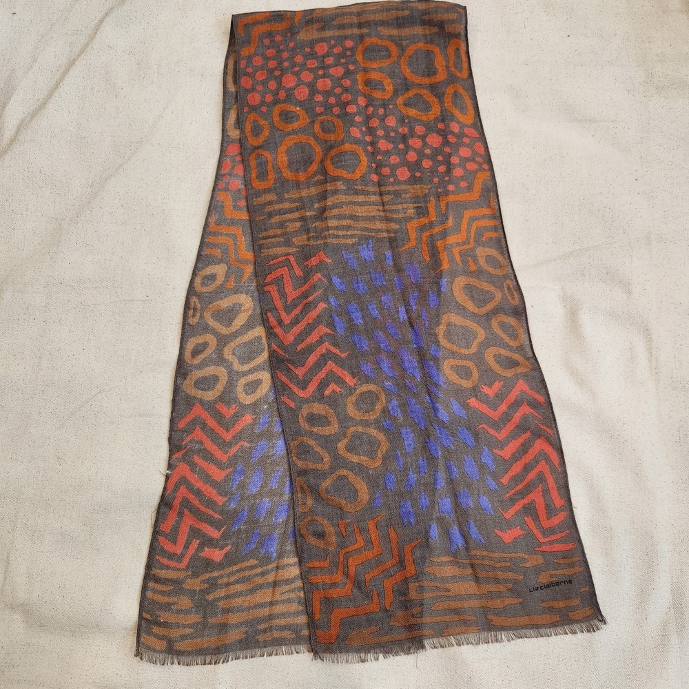 Liz Claiborne Scarf Womens Brown Colorful Abstract Print Geometric Silk Fringe